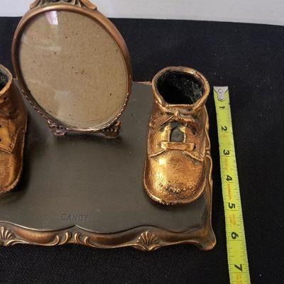 Antique/Vintage Cast Iron Copper Coated Picture Frame & Baby Shoes - #88-A