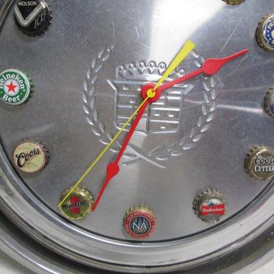 Vintage Cadillac Hub Cap Clock Made with Beer Caps