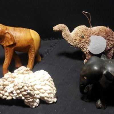 Set of 4 Elephants Ironwood, Shells, wood and stick