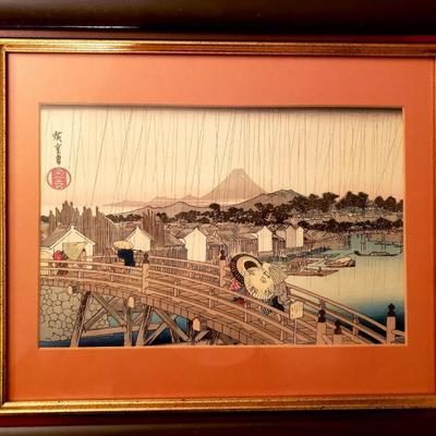 Antique Hiroshige Woodblock print Shower on Nihonbashi Bridge