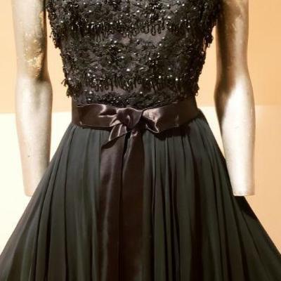 Vtg 1950's Beaded illusion chiffon pleated flare dress Elissa of California