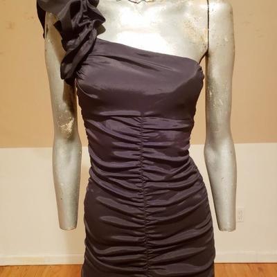 CACHE' Ruched LBD black single shoulder ruffled midi dress