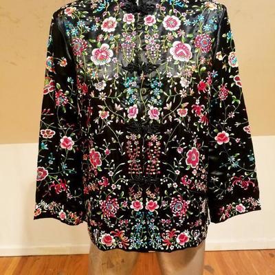 Vtg Plum blossom & Peony all embroidered silk Jacket