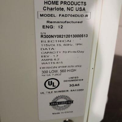 Frigidaire Dehumidifier Energy Star Model FAD704DUD-R