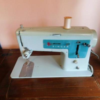 Mid-Century Blue Singer Sewing Machine and Cabinet