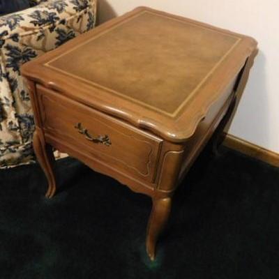 One of Two Solid Wood Pecan Side Table with Inlay Top 25