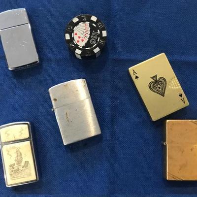 Lot of 6 Lighters (Zippo, Deck of Cards, Casino Chip Lighters)
