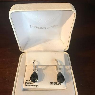 Sterling Silver Diamond Genuine Onyx Tear Drop Earrings