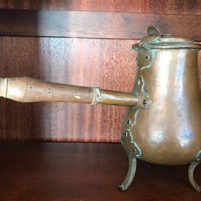 Vintage Brass Copper (?) Coffee Pot with Long Wooden Handle