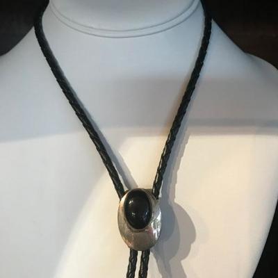 Silver Black Onyx Leather Bolo Tie