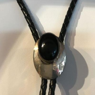Silver Black Onyx Leather Bolo Tie