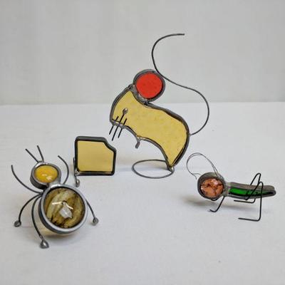 3 Metal/Glass Art Pieces, Mouse w/Cheese, Grasshopper, Ant