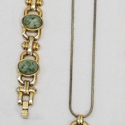 3pc Gold-Tone w/ Green Stones Jewelry Set: Bracelet, Watch, Necklace