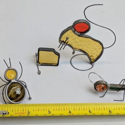 3 Metal/Glass Art Pieces, Mouse w/Cheese, Grasshopper, Ant