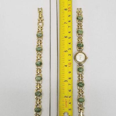 3pc Gold-Tone w/ Green Stones Jewelry Set: Bracelet, Watch, Necklace