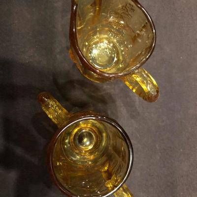 VINTAGE LG WRIGHT AMBER GLASS FOOTED CREAMER/SUGAR EMBOSSED GRAPES