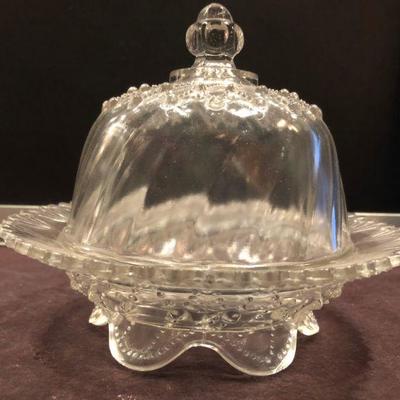 ANTIQUE VICTORIAN ERA CLEAR GLASS FOOTED BUTTER DISH