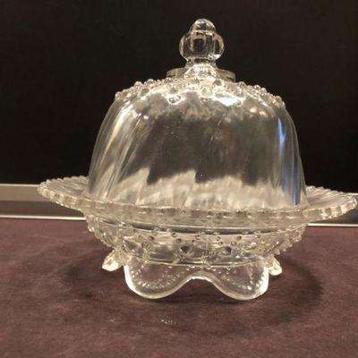 ANTIQUE VICTORIAN ERA CLEAR GLASS FOOTED BUTTER DISH
