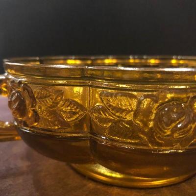 BEAUTIFUL SMALL AMBER GLASS DISH/BOWL WITH HANDLES 