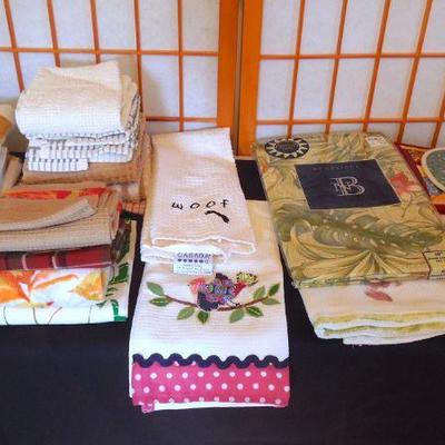 Lot 90: Large Group of Tea, Hand Towels, Pot Holders and a Tablecloth