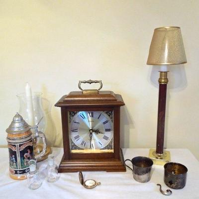 Lot 150: Clock, Beer Stein, Silver Baby Sippy Cups, etc