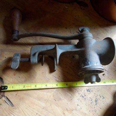 Lot 246: Antique Iron Sheller and Vintage tin Canisters