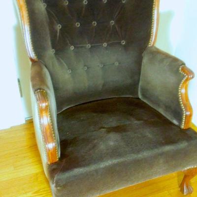 Lot 80: Antique Clawfoot Wingback Chair and Ottoman c. 1950