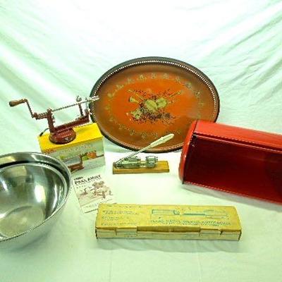 Lot 71: Vintage Kitchen: Nutcrackers, Apple Peeler, Breadbox