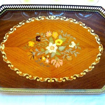 Lot 174: Inlaid Rosewood Serving Tray and Glassware