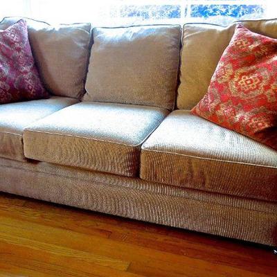 Lot 99: Haverty's Gold Couch with Accent Pillows 