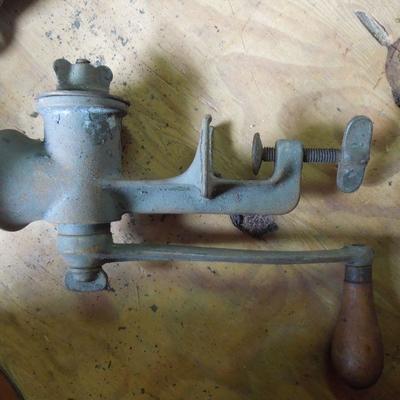Lot 246: Antique Iron Sheller and Vintage tin Canisters