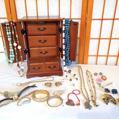 Lot 153: Wooden Jewelry Box and Vintage Jewelery