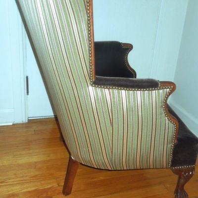 Lot 80: Antique Clawfoot Wingback Chair and Ottoman c. 1950
