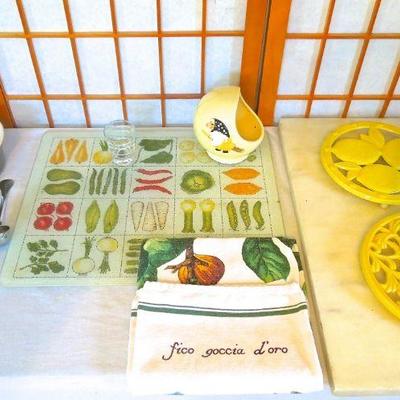 Lot 103: Green and Yellow Kitchen Stuff with Marble Cutting Board