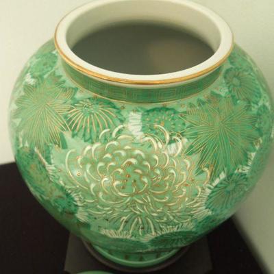 Lot 216: Antique Jade Green Porcelain Ginger Jar and Chinese Embroidered Skirt