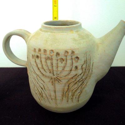 Lot 214: Vintage Celadon Etched Teapot, Woven Vine Mat and Turned Walnut Bowl
