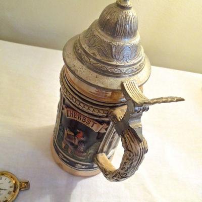 Lot 150: Clock, Beer Stein, Silver Baby Sippy Cups, etc