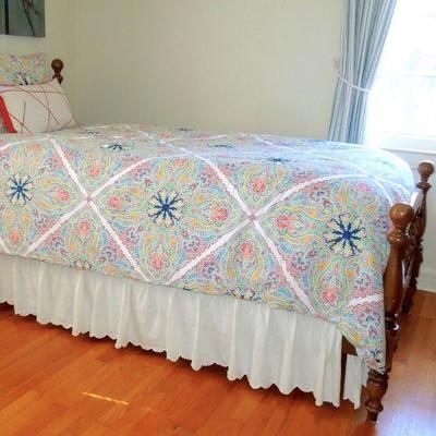 Lot 158: Twin Bed Frame, Pillow Top Mattress Set, Down Comforter and Curtains