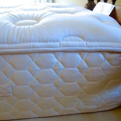 Lot 158: Twin Bed Frame, Pillow Top Mattress Set, Down Comforter and Curtains