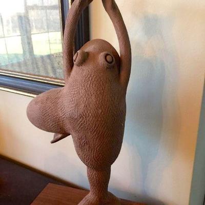 Lot 218: Terracotta Dancing Frog Statue on Wood Base by Verdelle Gray
