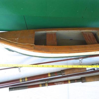 Lot 235: 2 Vintage Berkley Cork Fishing Poles, Penn Reels and Wood Model Skiff