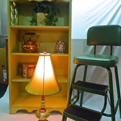 Lot 63: Green Vintage Items: Bookshelf, Kitchen Stool and Lamp