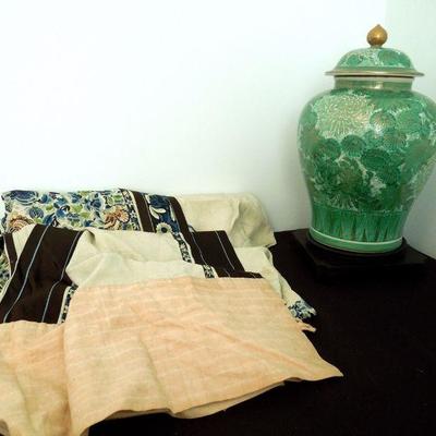 Lot 216: Antique Jade Green Porcelain Ginger Jar and Chinese Embroidered Skirt