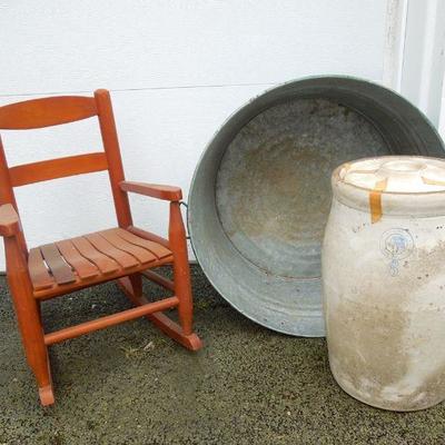 Lot 250:  Antique Louisville Pottery Stoneware Butter Churn, Chair and Tub