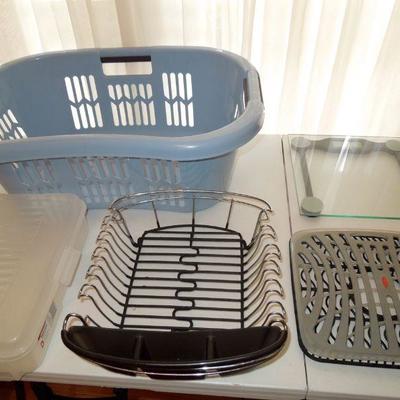 Lot 273: Stacking Shelves, Bins, Bathroom Scales, Lightbulbs and Paper Goods