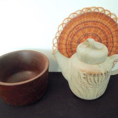 Lot 214: Vintage Celadon Etched Teapot, Woven Vine Mat and Turned Walnut Bowl