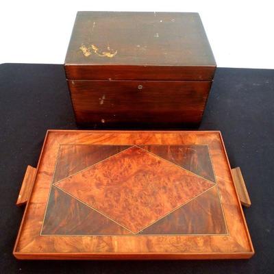 Lot 207: Antique Keepsake Box with Shelf and Burl Tray