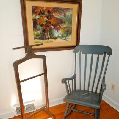 Lot 189: Original Bayou Watercolor by Flora Duval and Vintage Rocking Chair, 