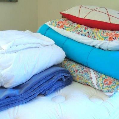 Lot 158: Twin Bed Frame, Pillow Top Mattress Set, Down Comforter and Curtains