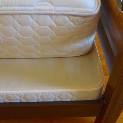 Lot 158: Twin Bed Frame, Pillow Top Mattress Set, Down Comforter and Curtains